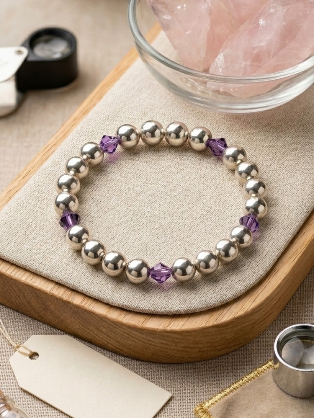 Silver Bead Bracelet with Purple Crystal Accents